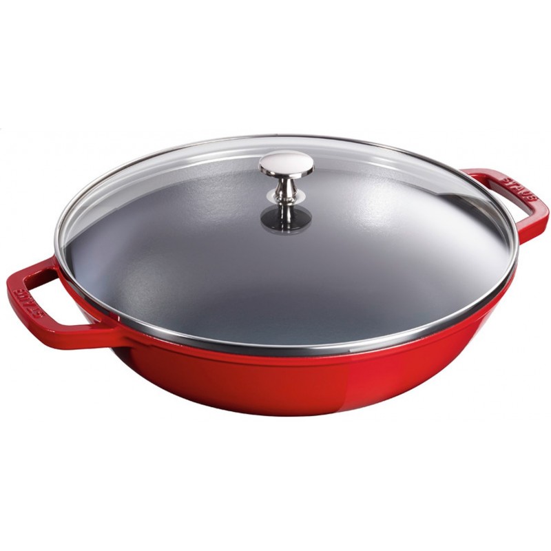 Staub Wok 37 cm con coperchio in vetro e griglia Rosso Ciliegio