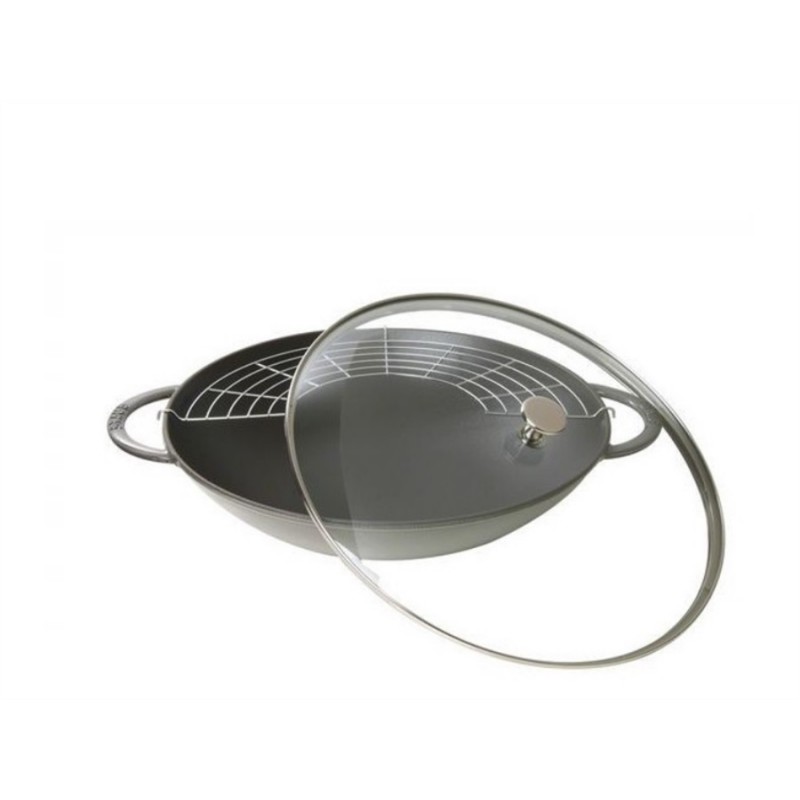 Staub Wok 37 cm con coperchio in vetro e griglia Grigio Grafite