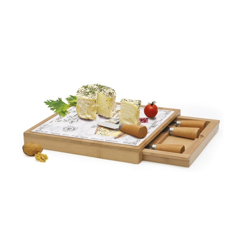 Easy Life Bamboo Cheese Chopping Board With Glass and Knives LES FROMAGES