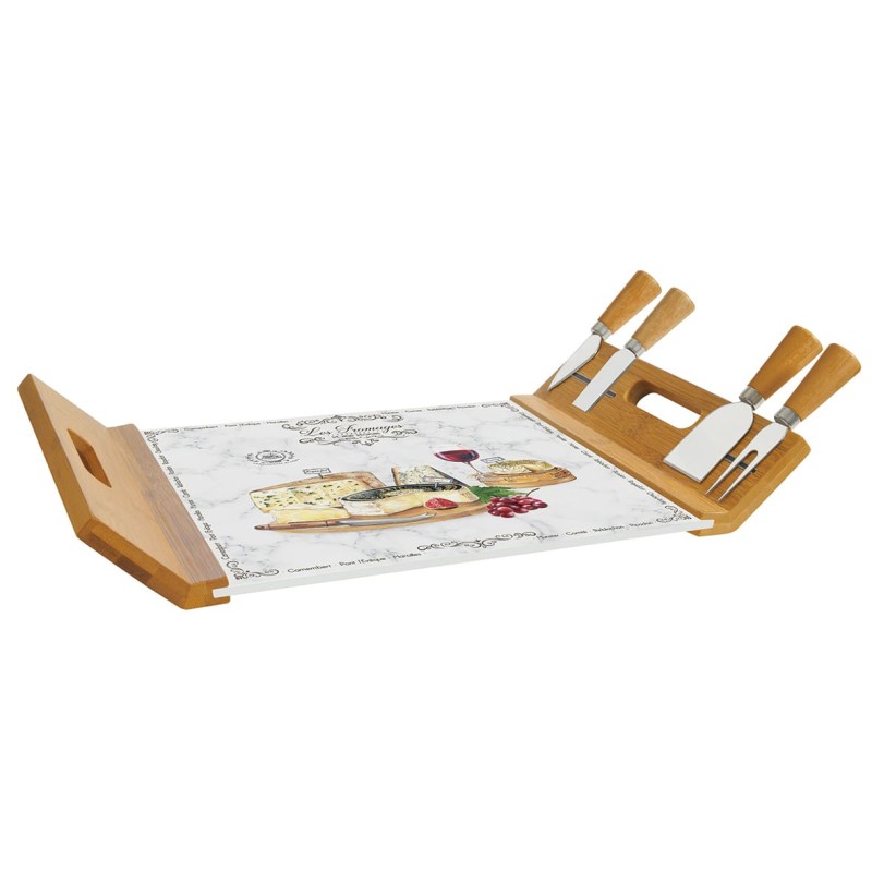 Easy Life Cheese Serving Tray With Glass Base and 4 LES FROMAGES Knives