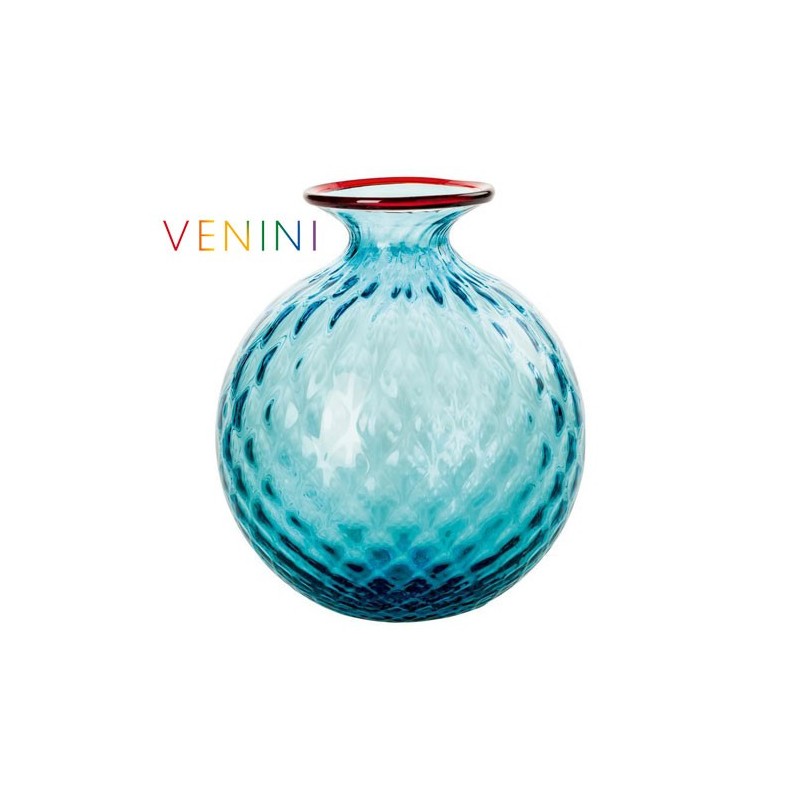Venini Monofiori Balloton Vase Large Light Blue Red Thread H 20. 5 cm