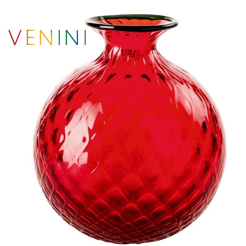 Venini Vaso Monofiore Balloton Rosso / Filo Verde Mela H. 24, 5 cm